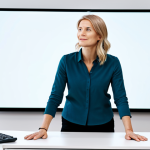 A professional female communication strategist in her late 30s, fully clothed in modest business casual attire, stands in a modern, Scandinavian-design office studio. She gestures subtly towards a sleek monitor displaying an engaging digital storytelling presentation. Her expression is thoughtful and confident, demonstrating interaction with digital content. Perfect anatomy, correct proportions, natural pose, well-formed hands, proper finger count, natural body proportions, professional photography, high resolution. Safe for work, appropriate content, fully clothed, professional.